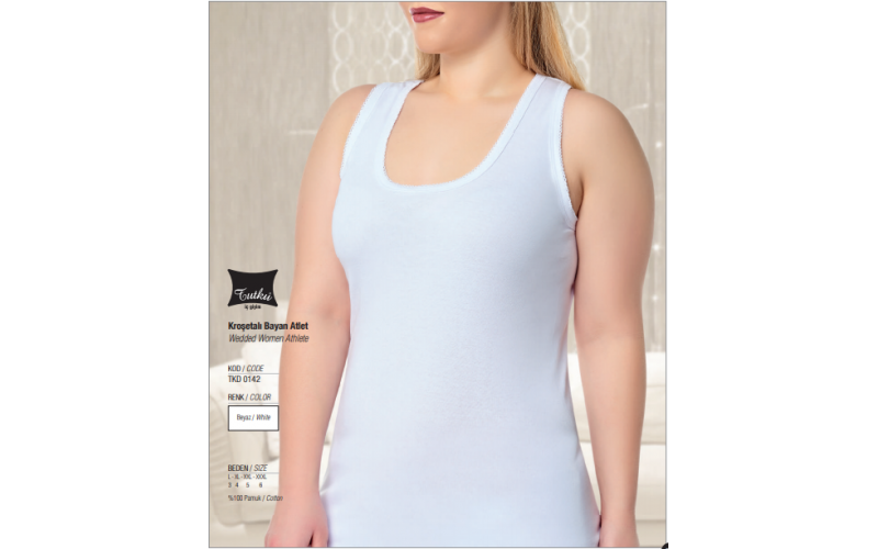 Tutku Kadın Ribana Örgü Geniş  Askılı Kroşetalı Bayan  Penye Atlet  6 'lı Paket Beyaz